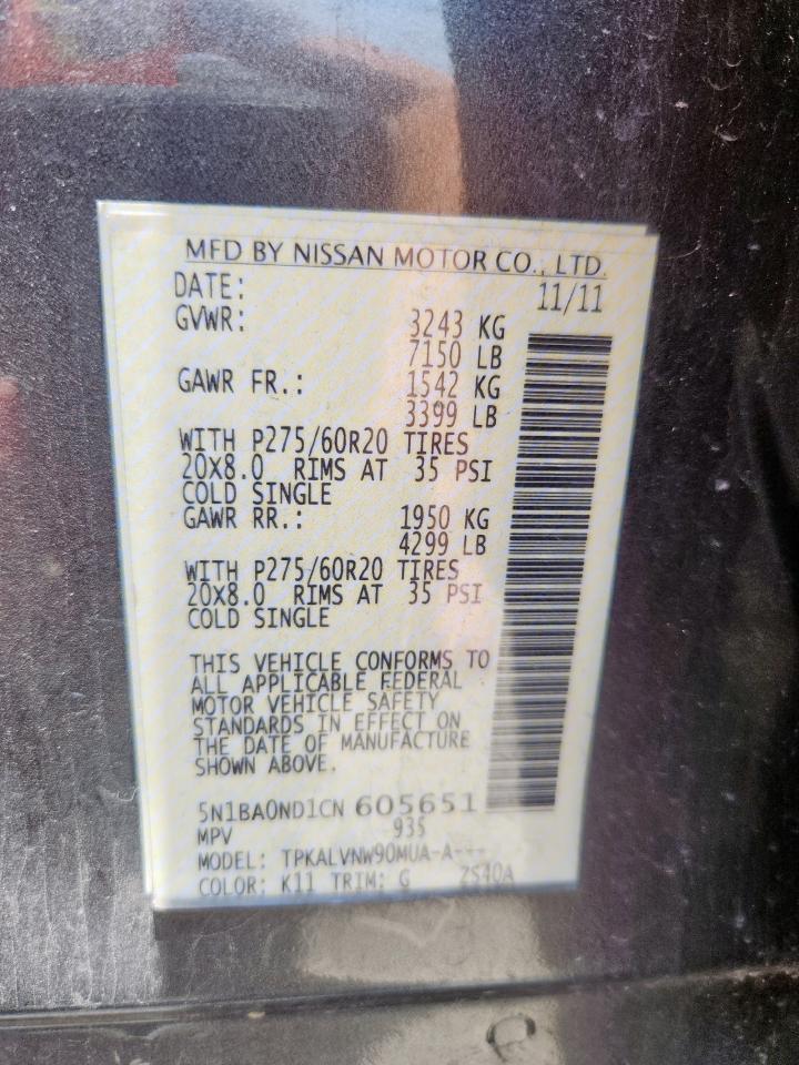 2012 Nissan Armada Sv VIN: 5N1BA0ND1CN605651 Lot: 64889605