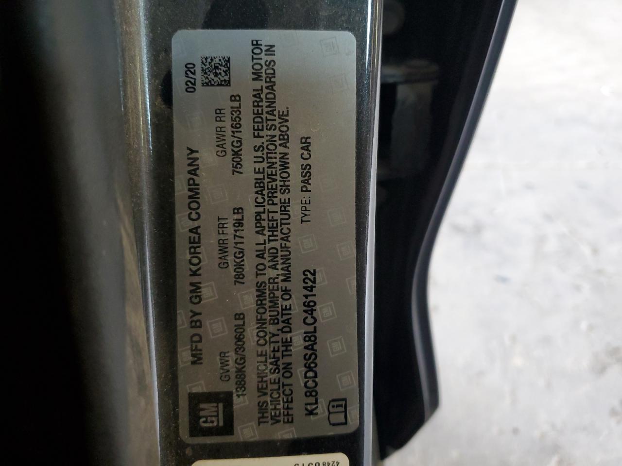 2020 Chevrolet Spark 1Lt VIN: KL8CD6SA8LC461422 Lot: 64317745