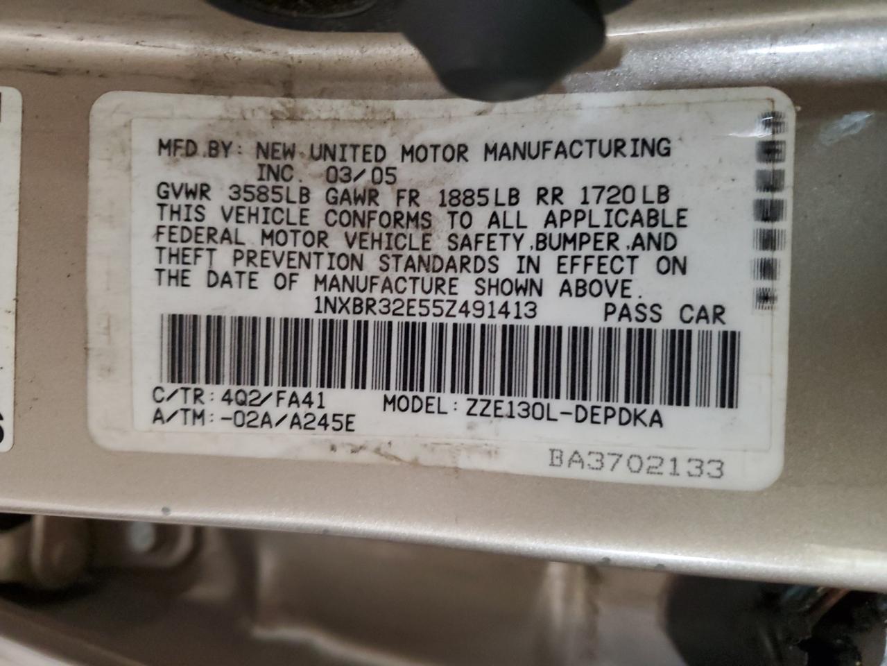2005 Toyota Corolla Ce VIN: 1NXBR32E55Z491413 Lot: 65187665
