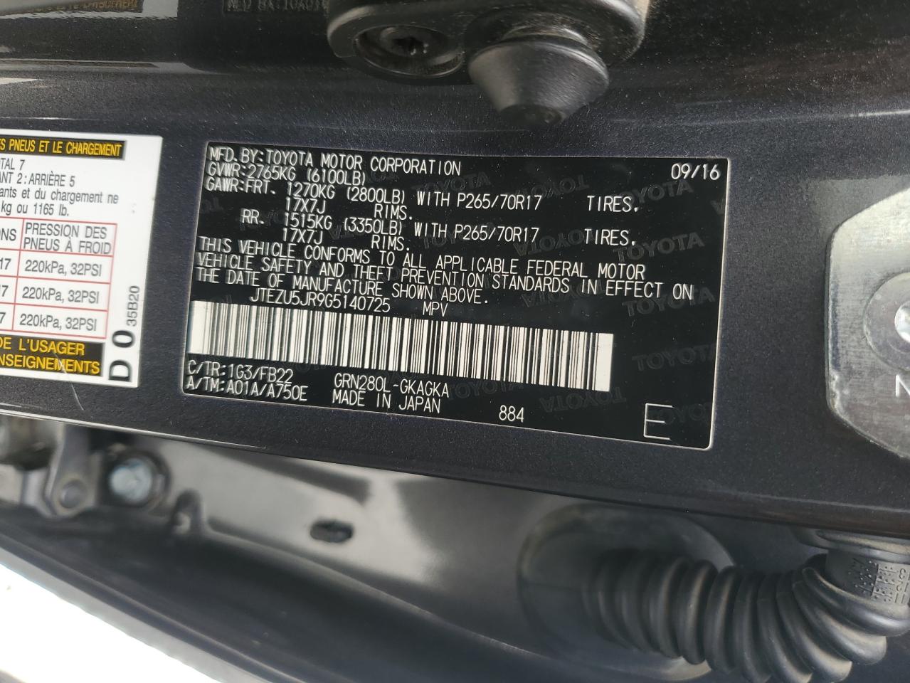 2016 Toyota 4Runner Sr5 VIN: JTEZU5JR9G5140725 Lot: 64063275