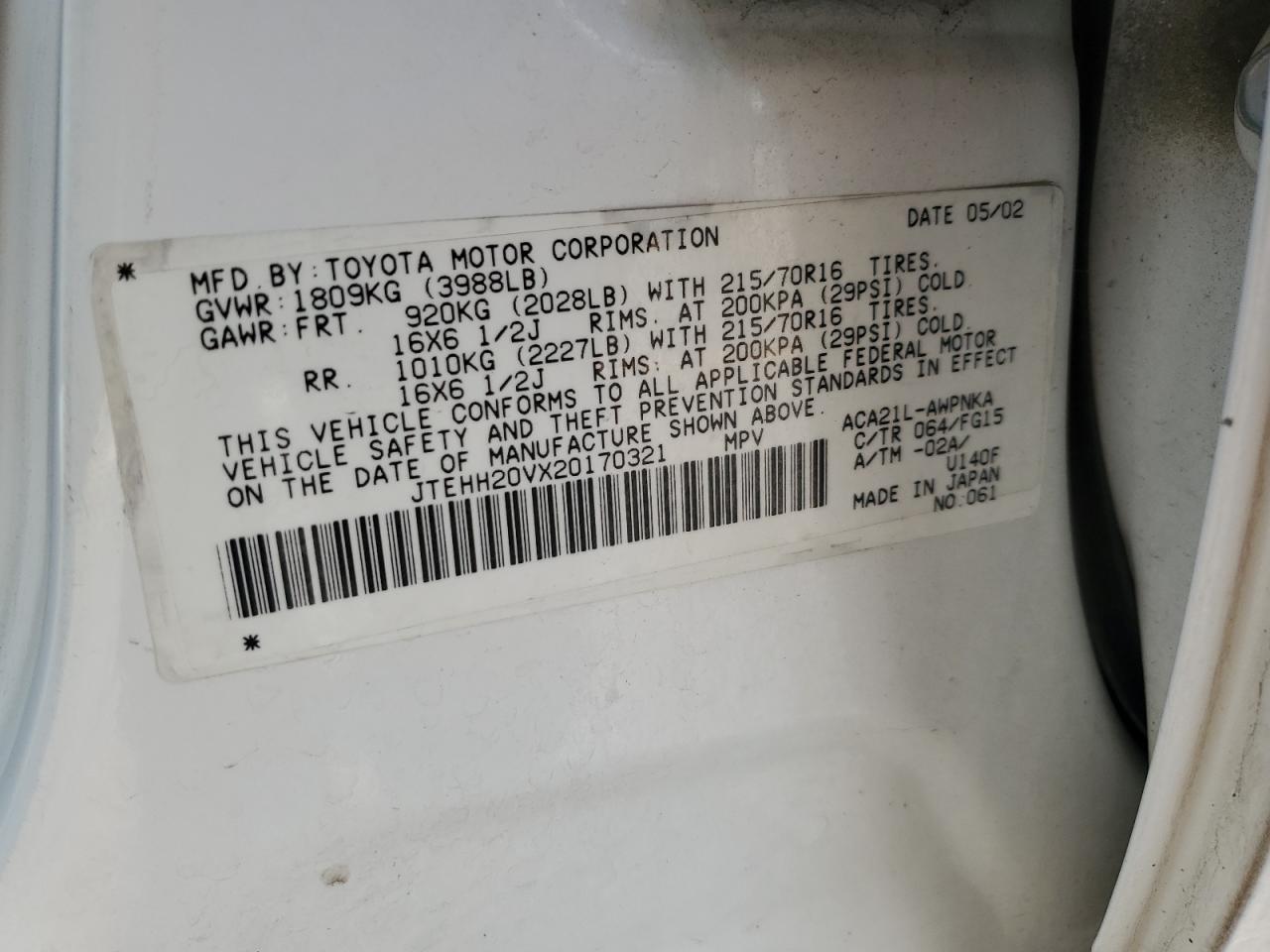 2002 Toyota Rav4 VIN: JTEHH20VX20170321 Lot: 65080455