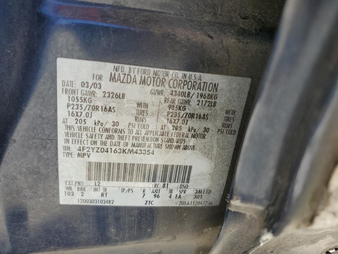 4f2yz04163km43354 4F2YZ04163KM43354 2003 Mazda Tribute Lx