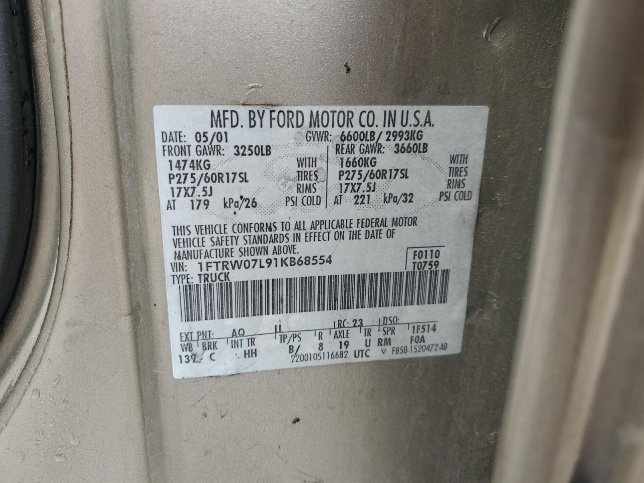 2001 Ford F150 Supercrew VIN: 1FTRW07L91KB68554 Lot: 66119175