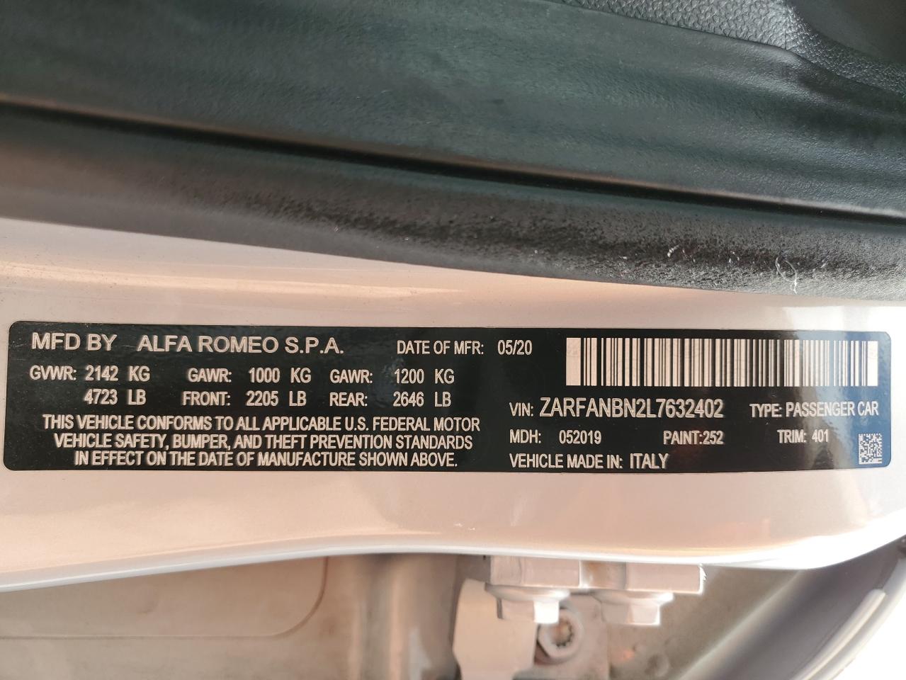 zarfanbn2l7632402 ZARFANBN2L7632402 2020 Alfa Romeo Giulia Ti