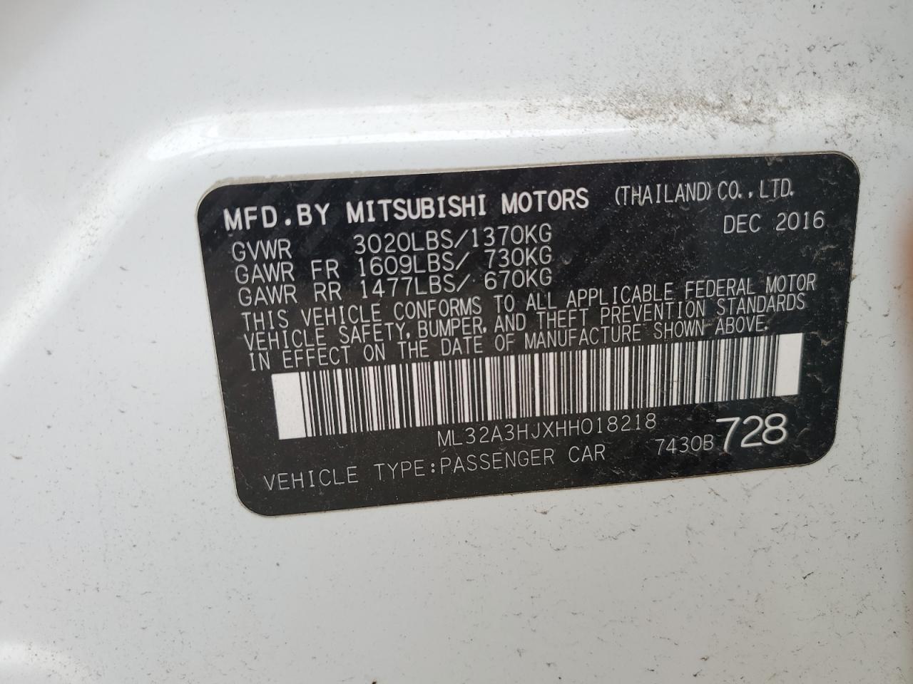 2017 Mitsubishi Mirage Es VIN: ML32A3HJXHH018218 Lot: 65040515