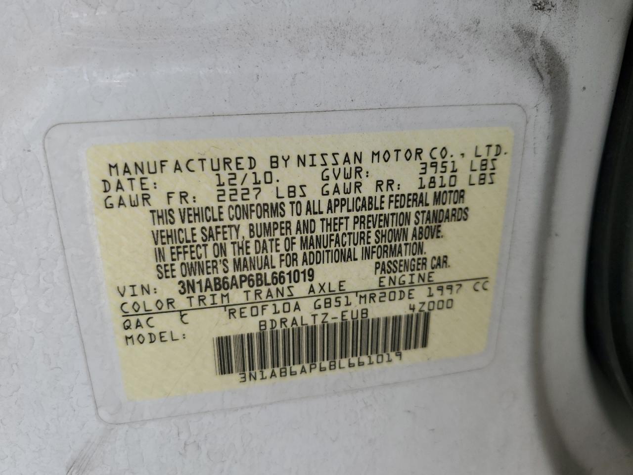 2011 Nissan Sentra 2.0 VIN: 3N1AB6AP6BL661019 Lot: 63079805