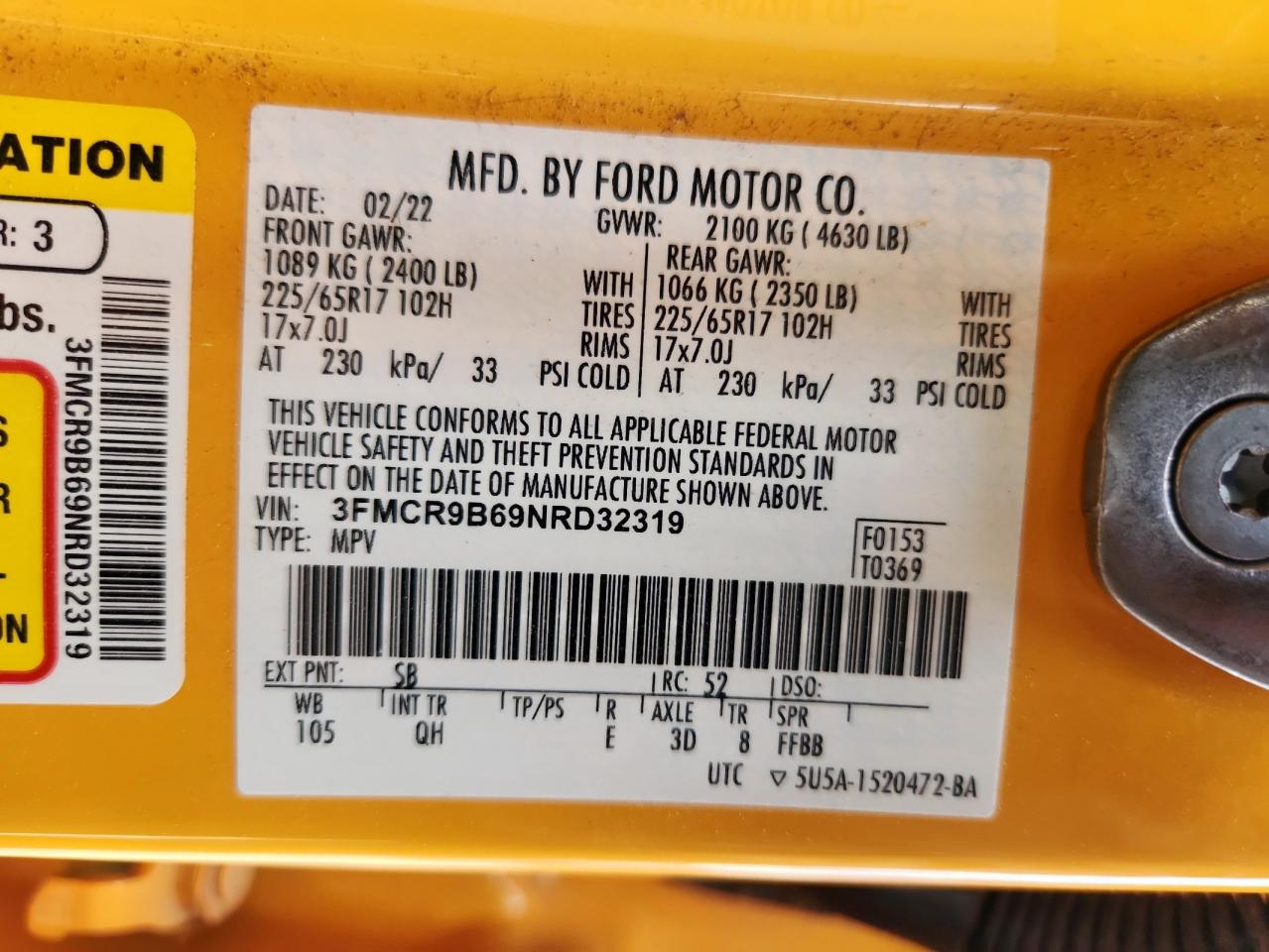 2022 Ford Bronco Sport Big Bend VIN: 3FMCR9B69NRD32319 Lot: 63917135