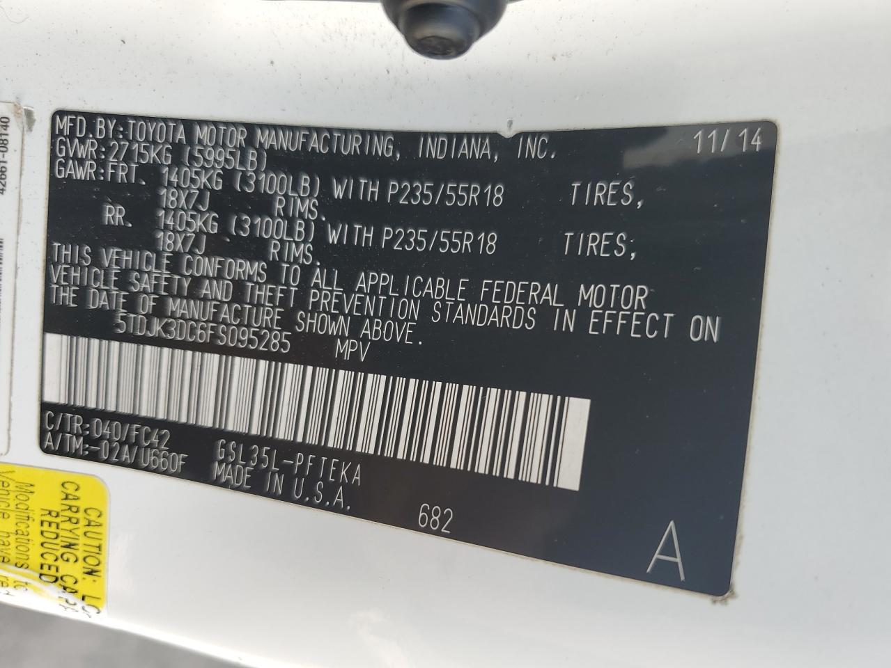 2015 Toyota Sienna Le VIN: 5TDJK3DC6FS095285 Lot: 65145865