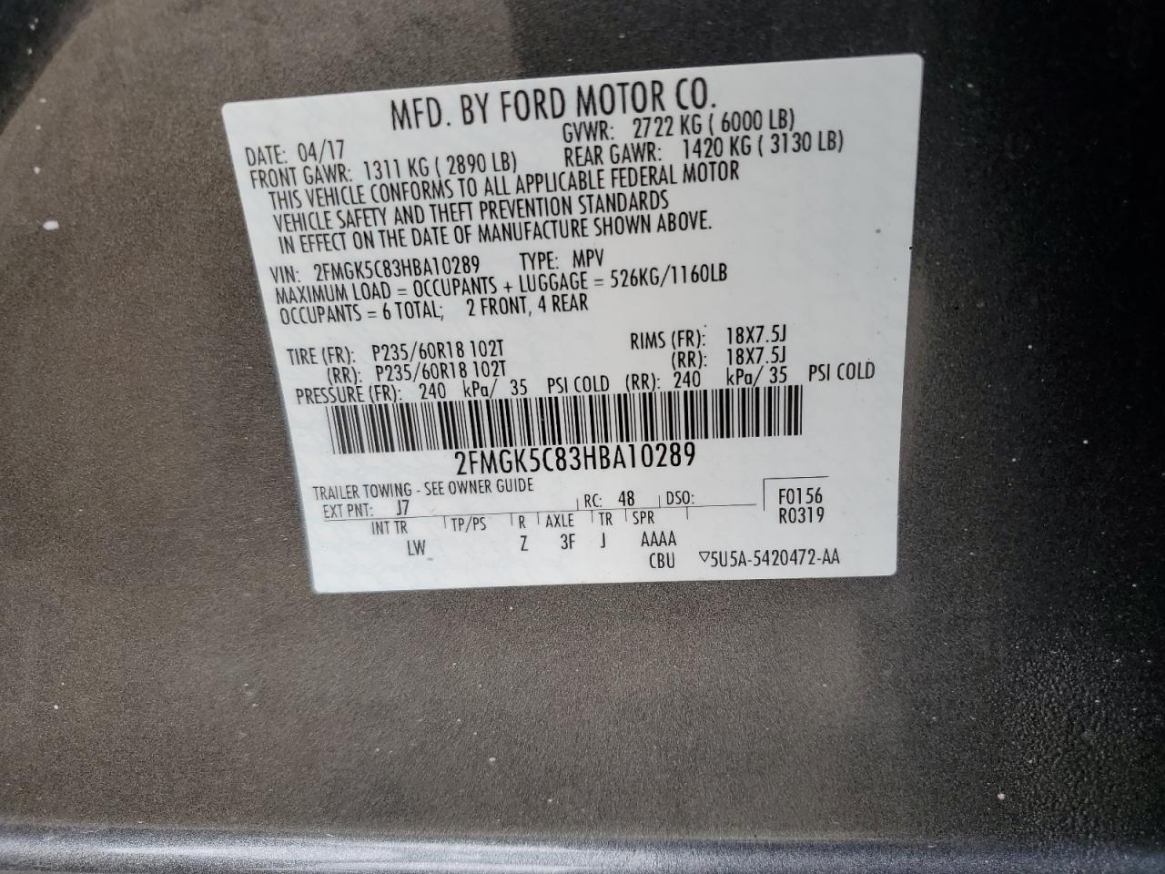 2017 Ford Flex Sel VIN: 2FMGK5C83HBA10289 Lot: 63764615