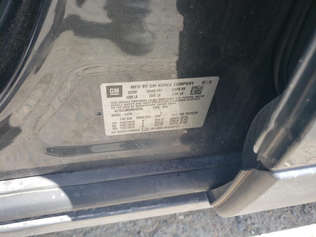 2018 Chevrolet Trax 1Lt VIN: KL7CJLSB0JB646250 Lot: 63312725