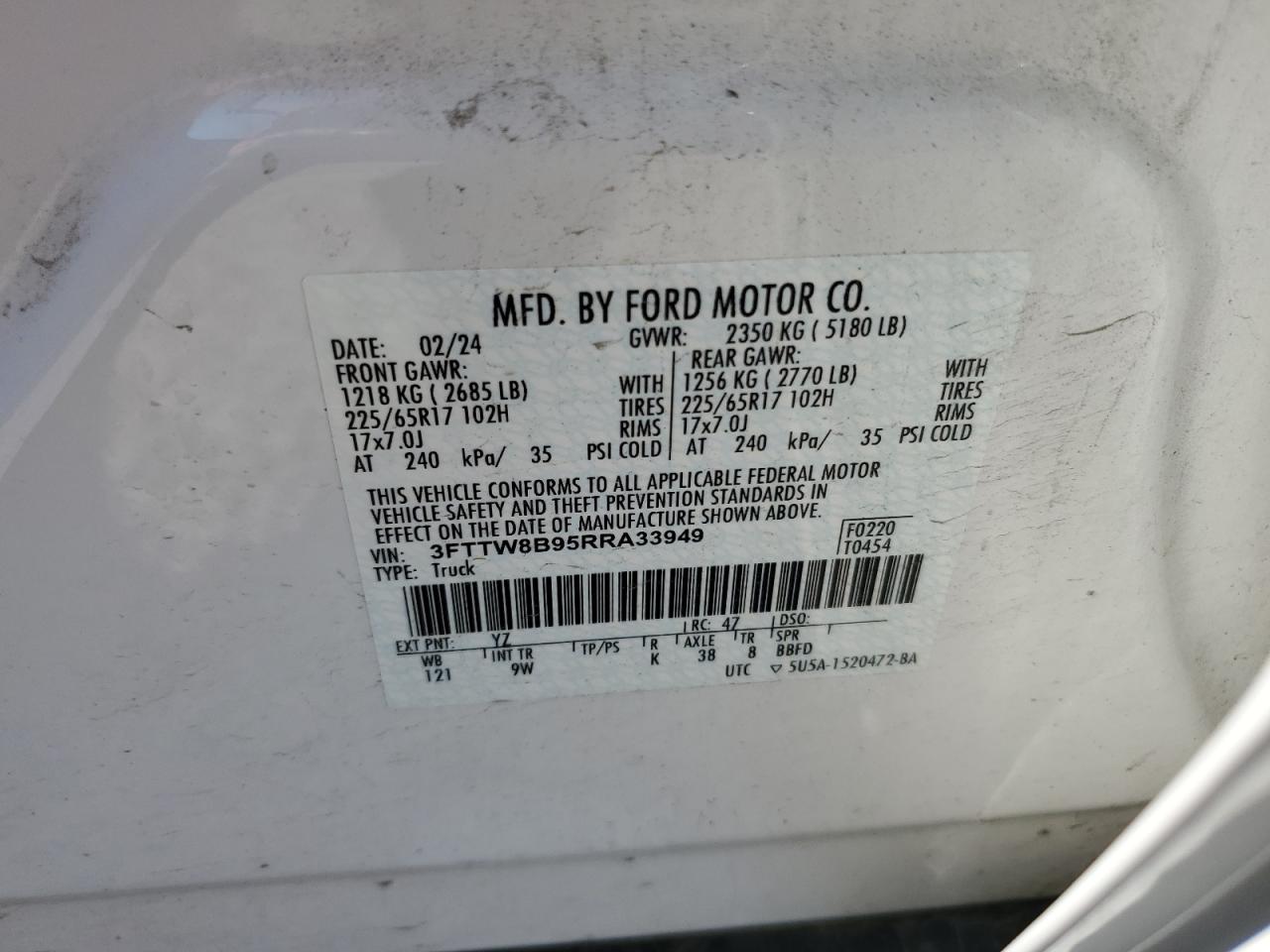 2024 Ford Maverick Xl VIN: 3FTTW8B95RRA33949 Lot: 64364435
