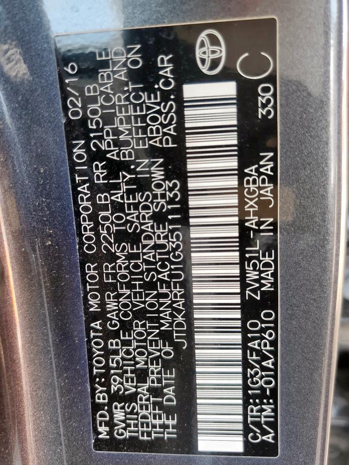 2016 Toyota Prius VIN: JTDKARFU1G3511133 Lot: 64656595