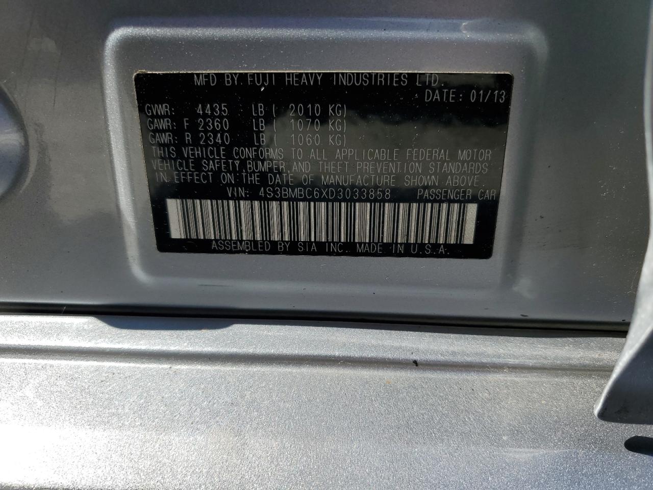2013 Subaru Legacy 2.5I Premium VIN: 4S3BMBC6XD3033858 Lot: 65426265