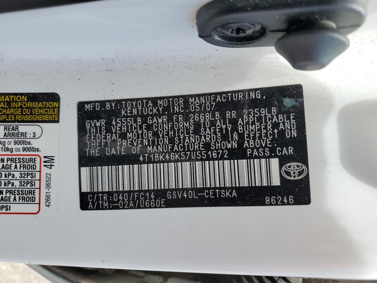 2007 Toyota Camry Le VIN: 4T1BK46K57U551672 Lot: 65817445