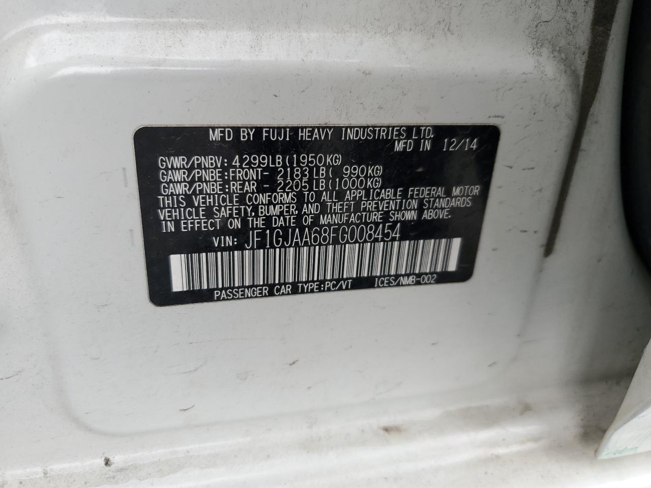 2015 Subaru Impreza VIN: JF1GJAA68FG008454 Lot: 64055685
