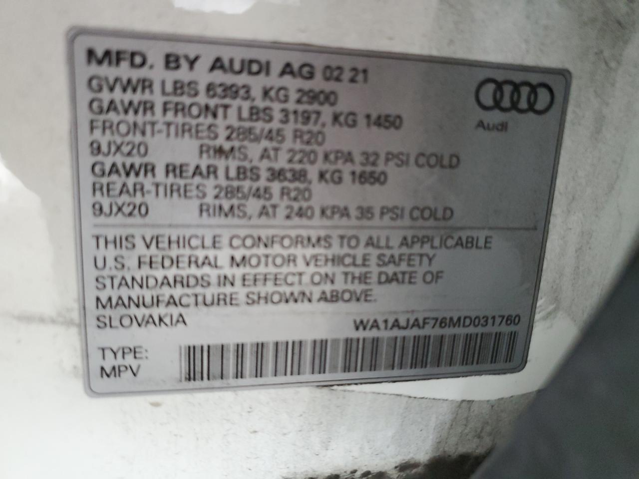 2021 Audi Q7 Premium VIN: WA1AJAF76MD031760 Lot: 64286275