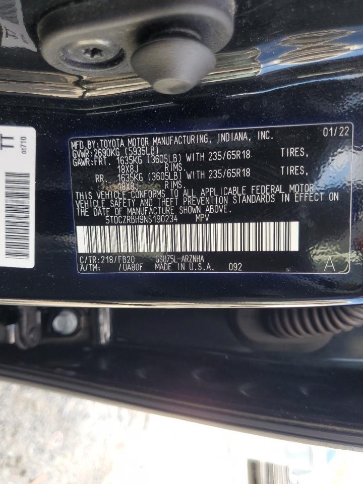 2022 Toyota Highlander L VIN: 5TDCZRBH9NS190234 Lot: 62581535