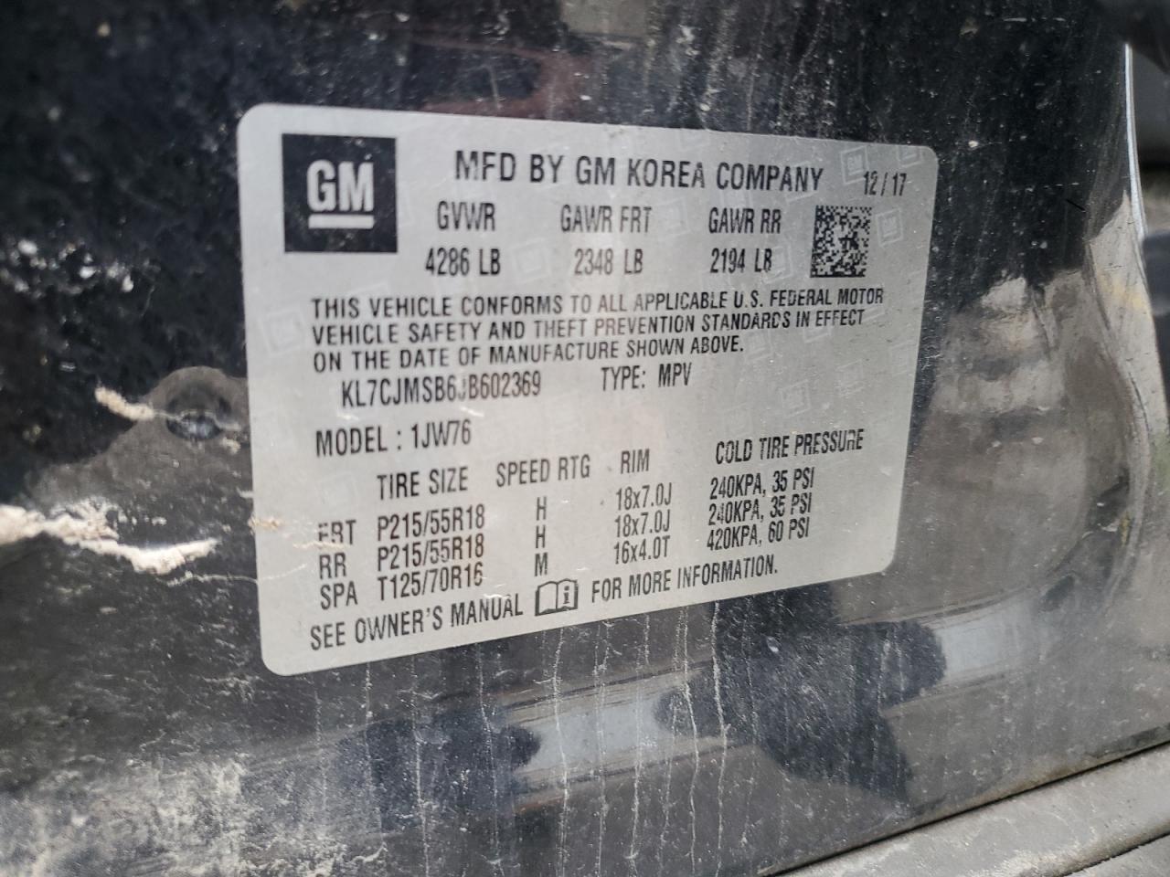 2018 Chevrolet Trax Premier VIN: KL7CJMSB6JB602369 Lot: 67130585