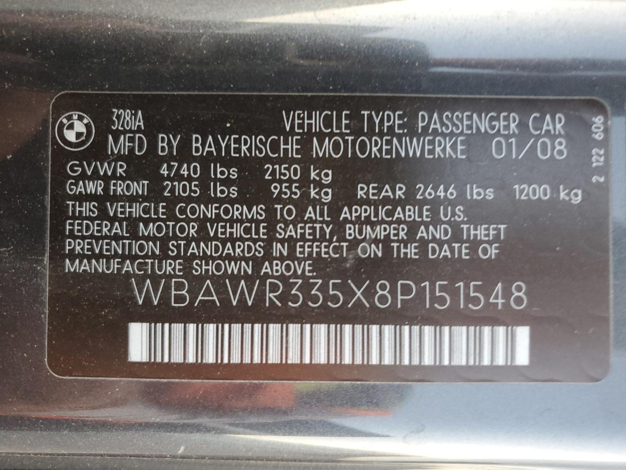 2008 BMW 328 I Sulev VIN: WBAWR335X8P151548 Lot: 64045955