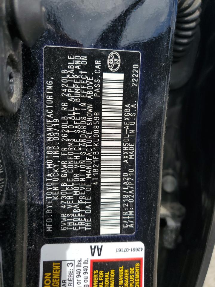 2019 Toyota Avalon Xle VIN: 4T1B21FB1KU008598 Lot: 62656395