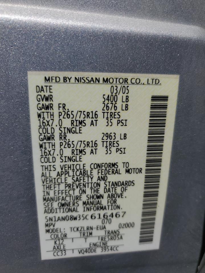 2005 Nissan Xterra Off Road VIN: 5N1AN08W35C616467 Lot: 65024065