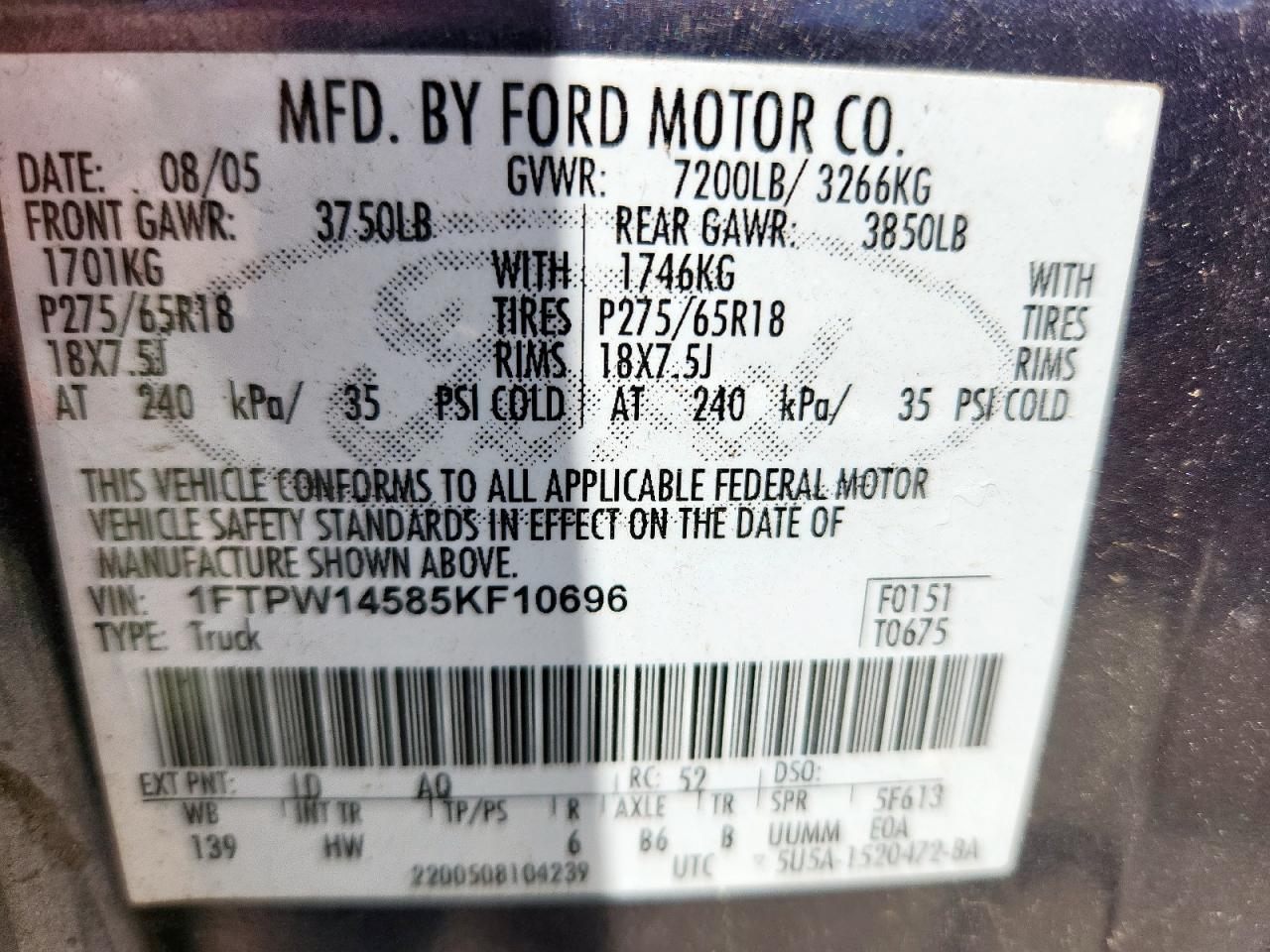 2005 Ford F150 Supercrew VIN: 1FTPW14585KF10696 Lot: 64138575