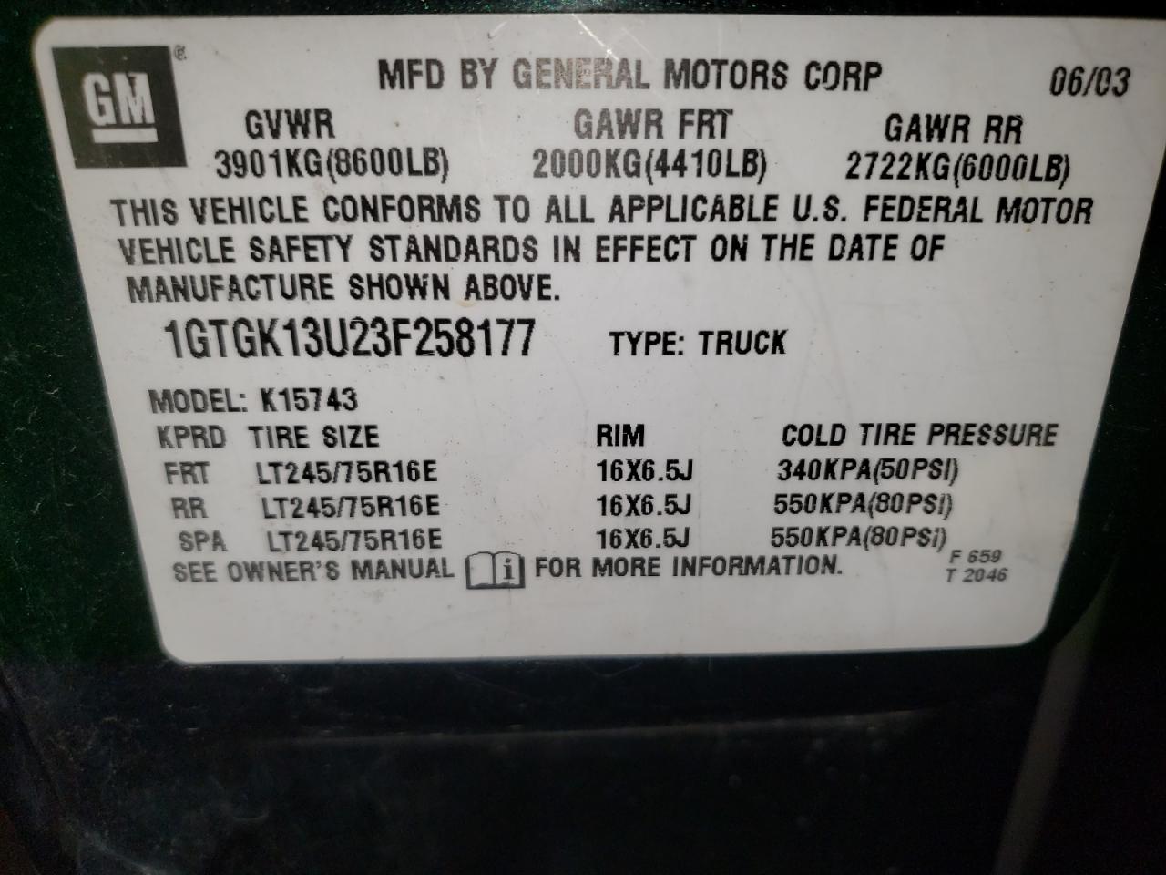 2003 GMC Sierra K1500 Heavy Duty VIN: 1GTGK13U23F258177 Lot: 62964115
