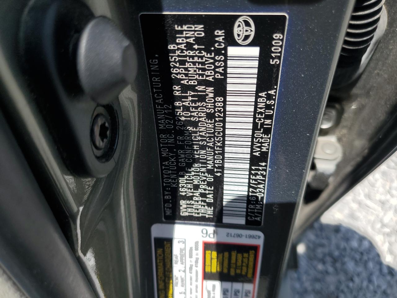 2012 Toyota Camry Hybrid VIN: 4T1BD1FK5CU012388 Lot: 66458375