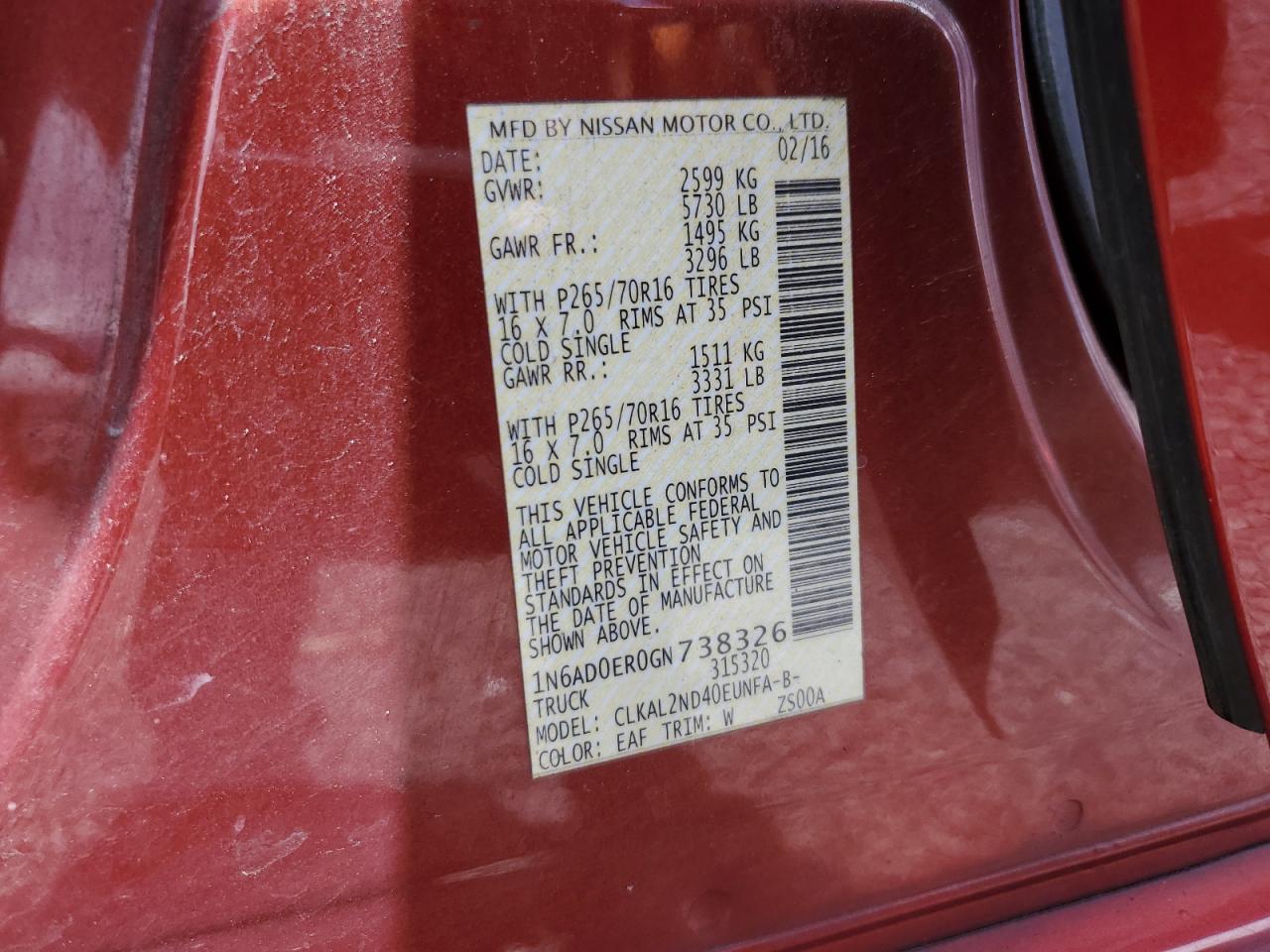 VIN: 1N6AD0ER0GN738326 2016 NISSAN FRONTIER