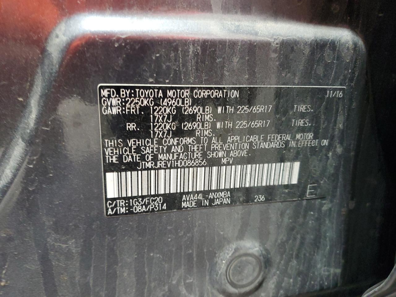 2017 Toyota Rav4 Hv Le VIN: JTMRJREV1HD086856 Lot: 62672265