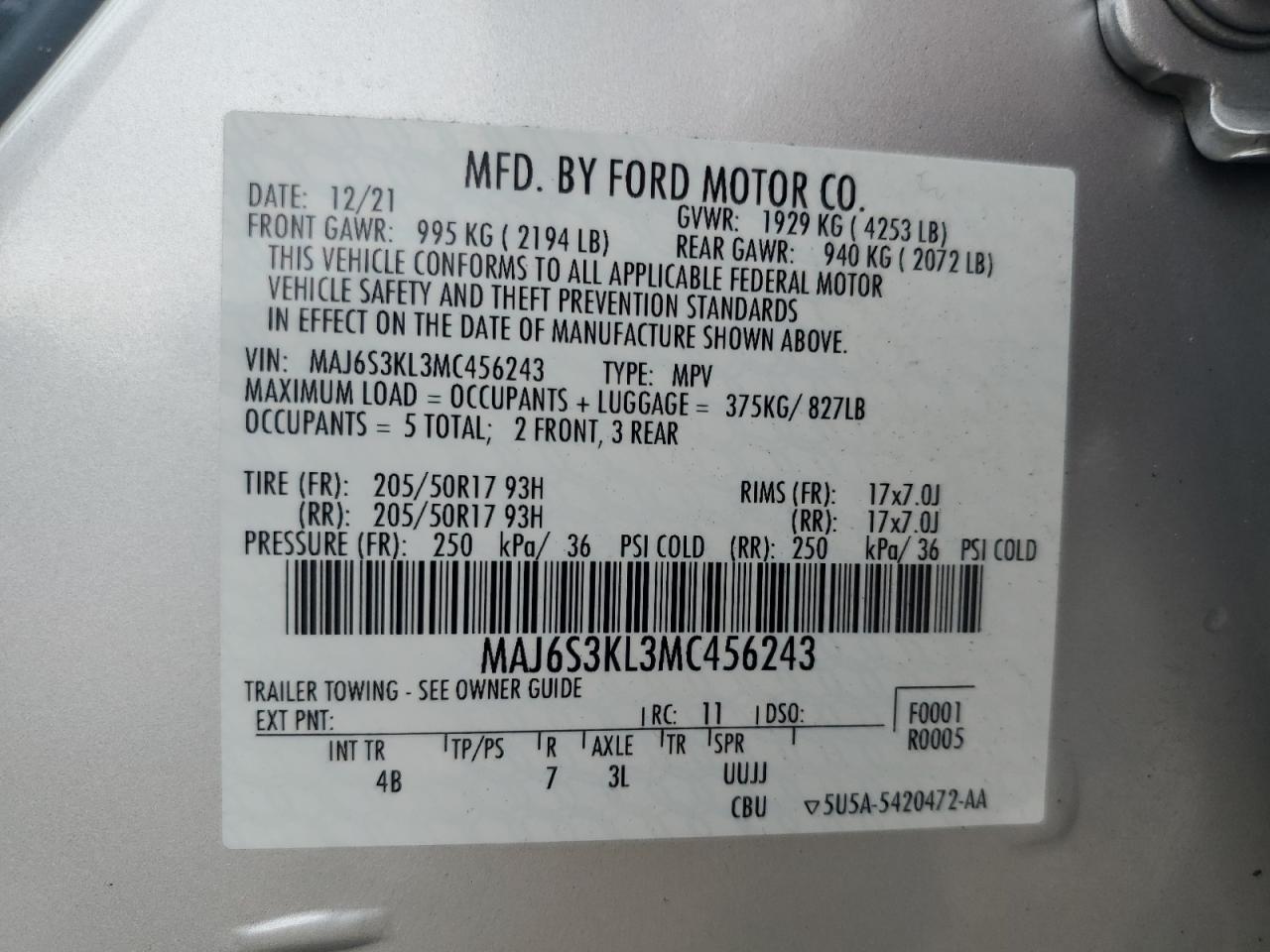 2021 Ford Ecosport Titanium VIN: MAJ6S3KL3MC456243 Lot: 63806835