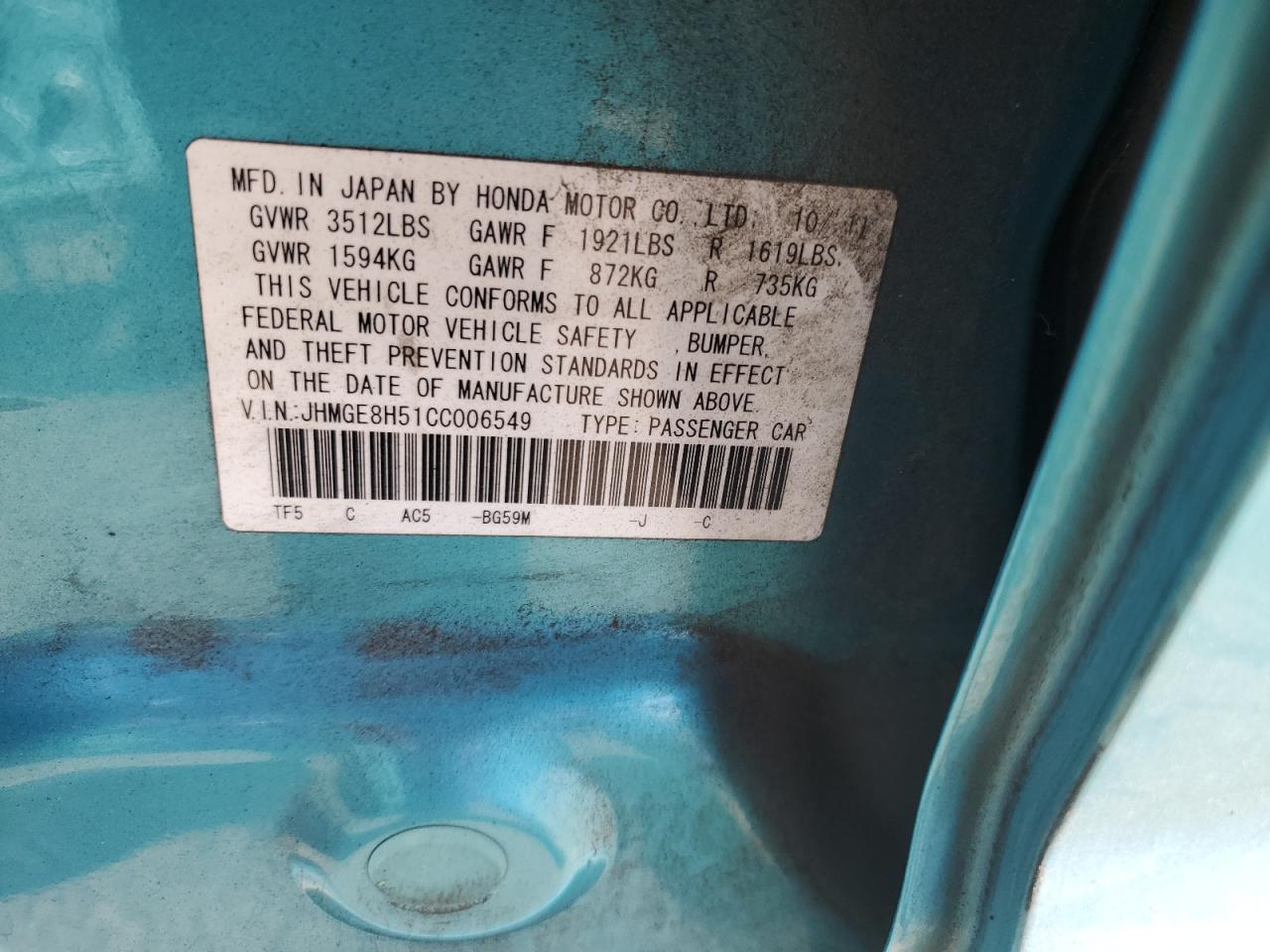 2012 Honda Fit Sport VIN: JHMGE8H51CC006549 Lot: 64495615