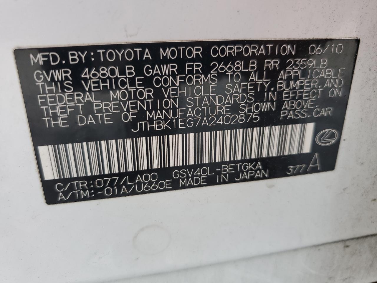 2010 Lexus Es 350 VIN: JTHBK1EG7A2402875 Lot: 64792955