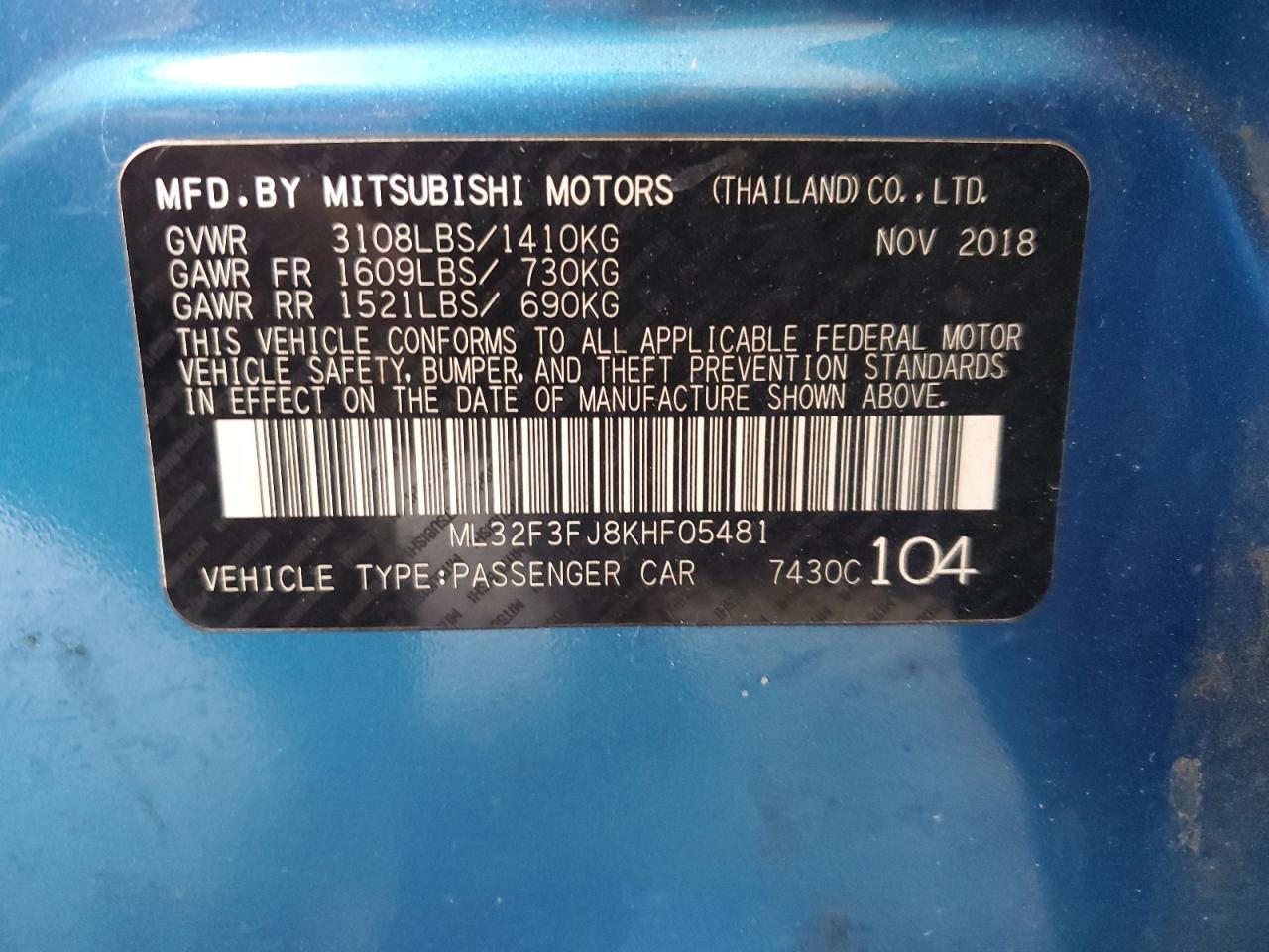 2019 Mitsubishi Mirage G4 Es VIN: ML32F3FJ8KHF05481 Lot: 64951355