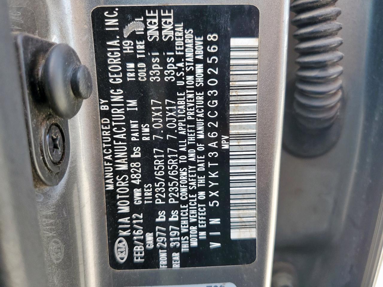 2012 Kia Sorento Base VIN: 5XYKT3A62CG302568 Lot: 66666455