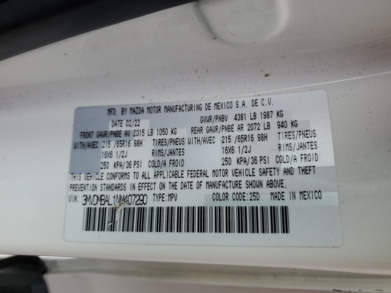 2022 Mazda Cx-30 VIN: 3MVDMBAL1NM407290 Lot: 62600195