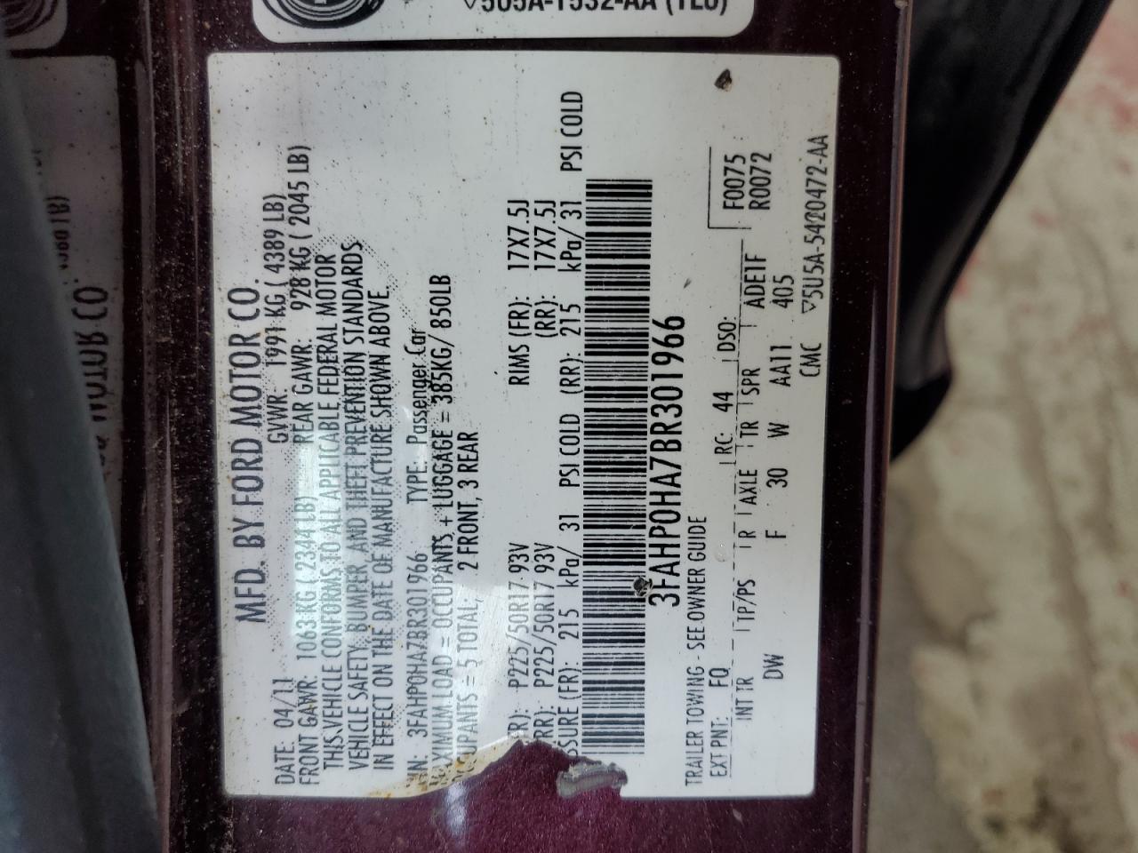 2011 Ford Fusion Se VIN: 3FAHP0HA7BR301966 Lot: 64446945