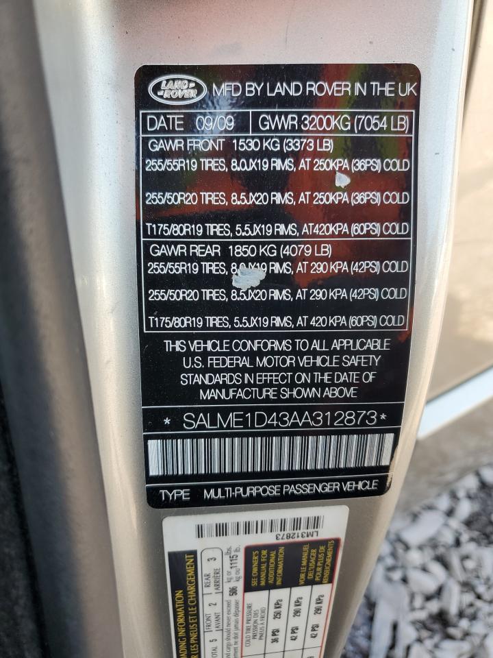 2010 Land Rover Range Rover Hse VIN: SALME1D43AA312873 Lot: 63473985