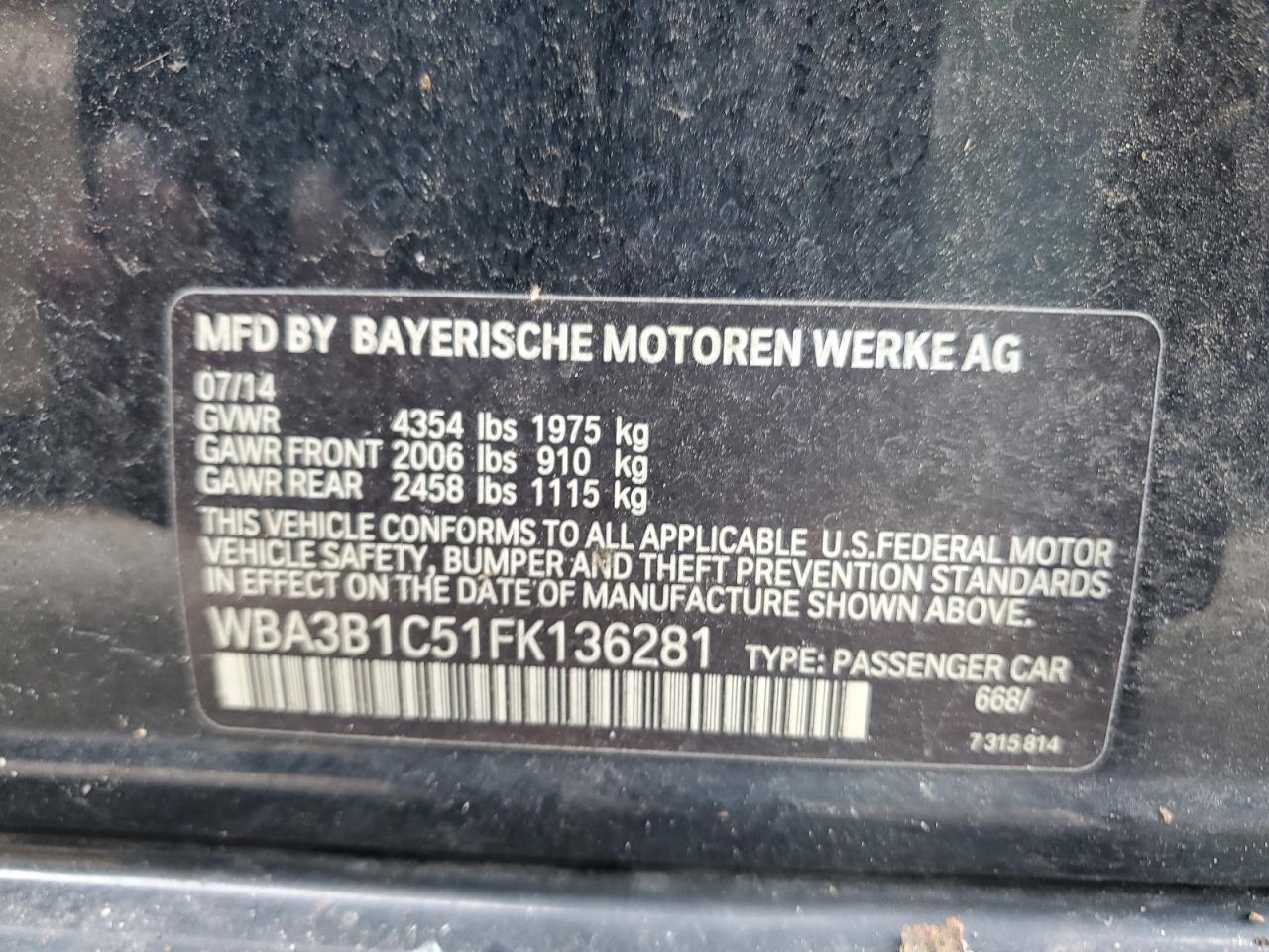 2015 BMW 320 I VIN: WBA3B1C51FK136281 Lot: 64897755