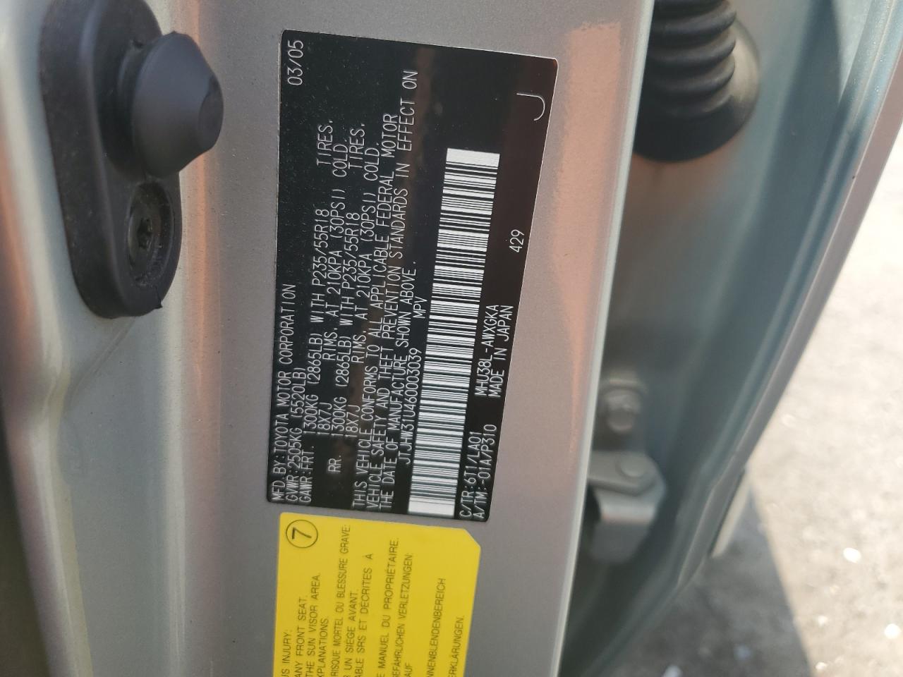 2006 Lexus Rx 400 VIN: JTJHW31U460003039 Lot: 64003545