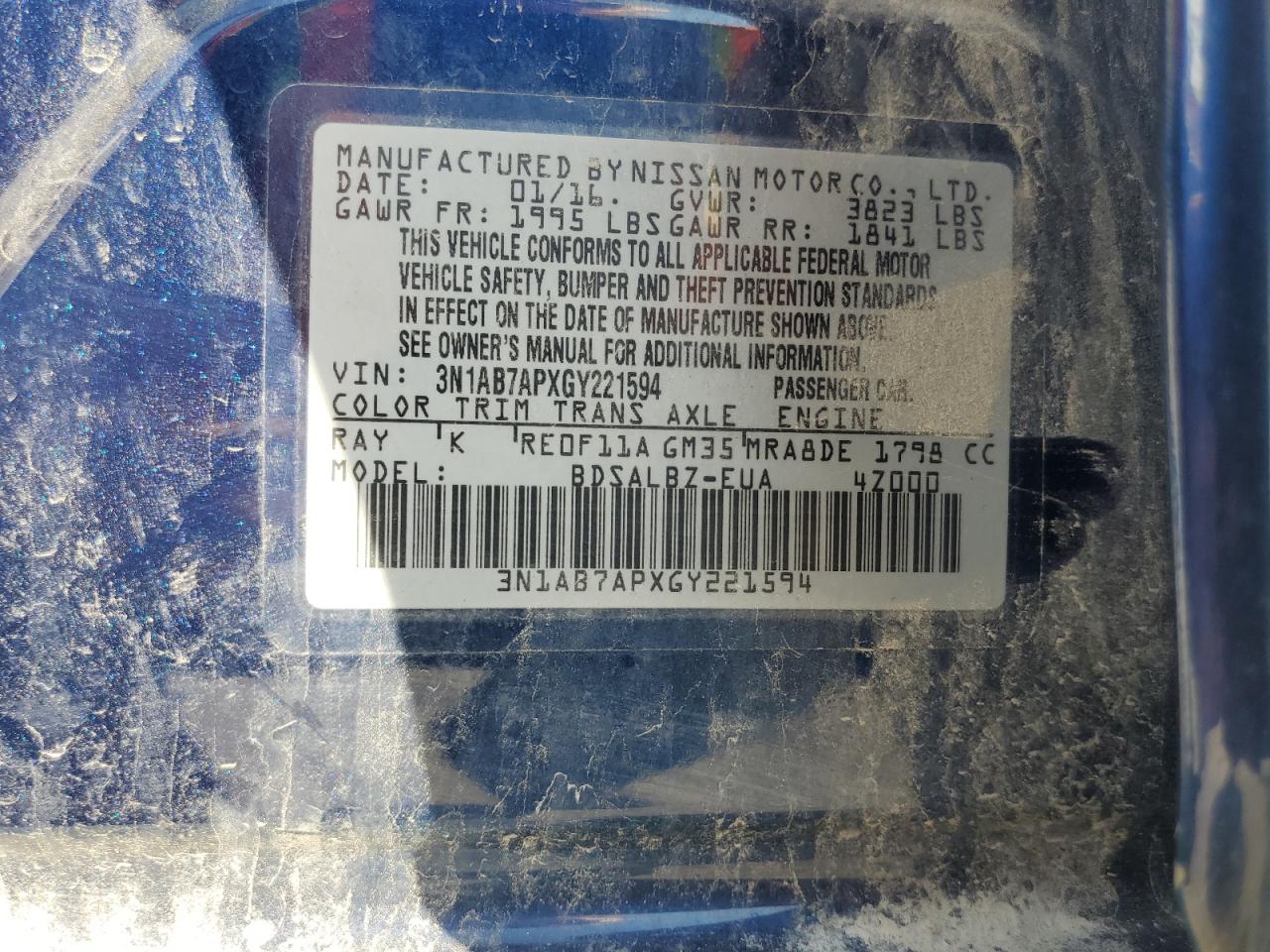 3N1AB7APXGY221594 2016 Nissan Sentra S