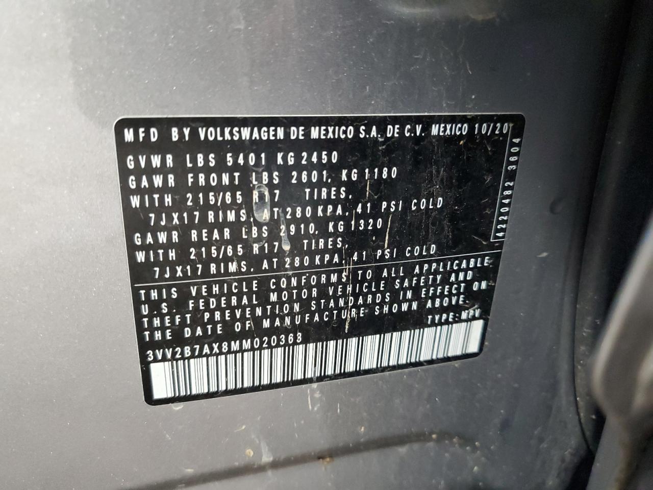2021 Volkswagen Tiguan Se VIN: 3VV2B7AX8MM020363 Lot: 64964645