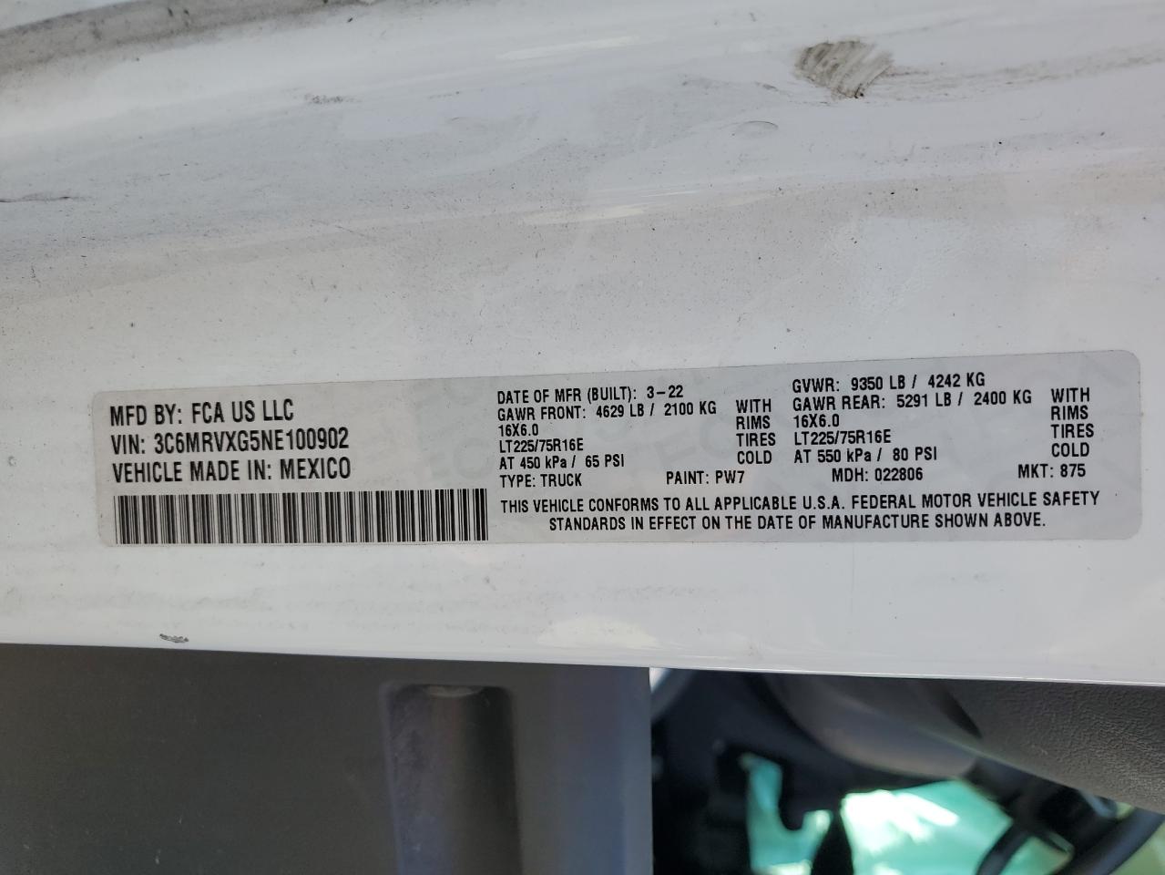 2022 Ram Promaster 3500 3500 High VIN: 3C6MRVXG5NE100902 Lot: 65741235