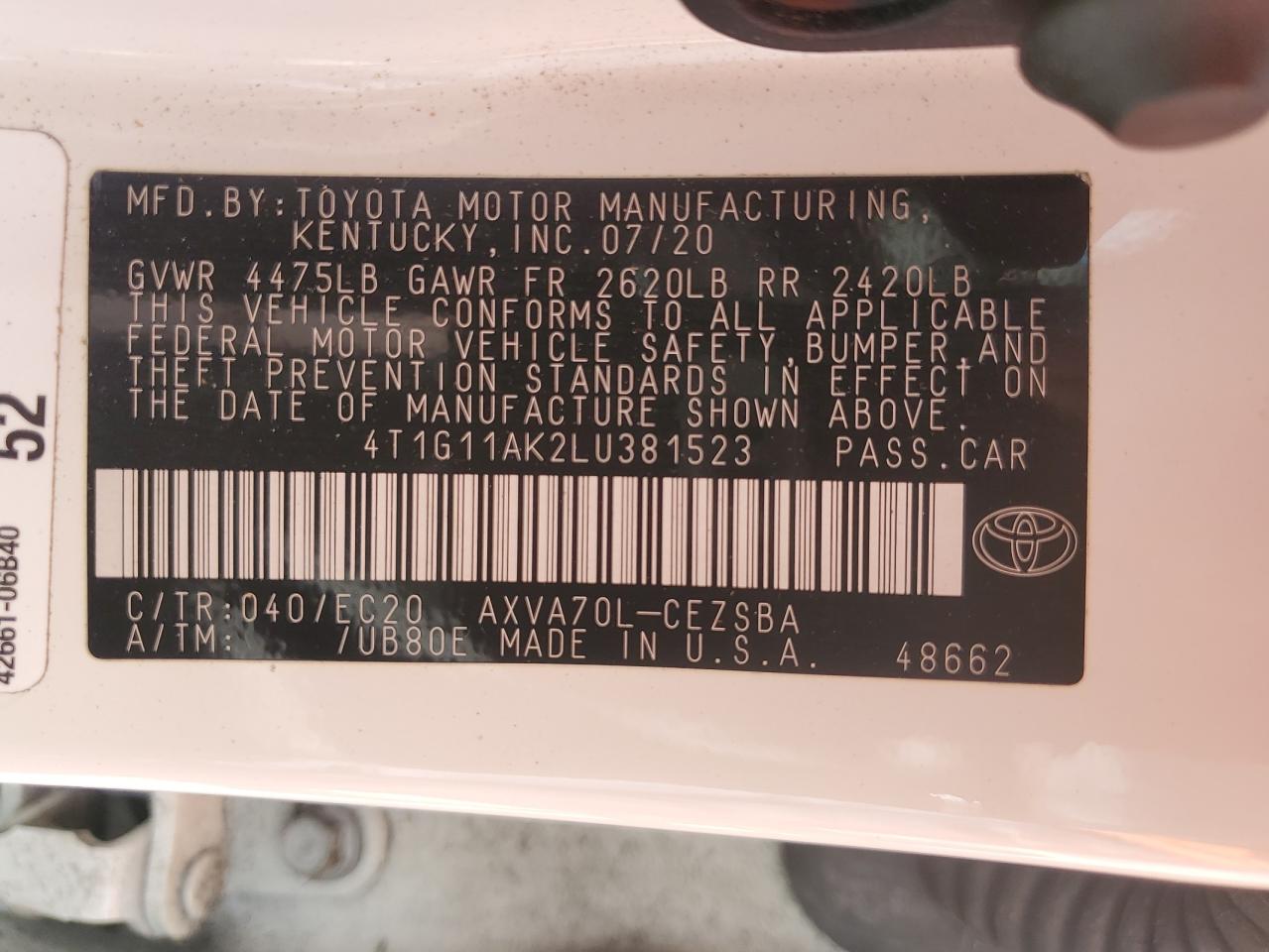 2020 Toyota Camry Se VIN: 4T1G11AK2LU381523 Lot: 64955855
