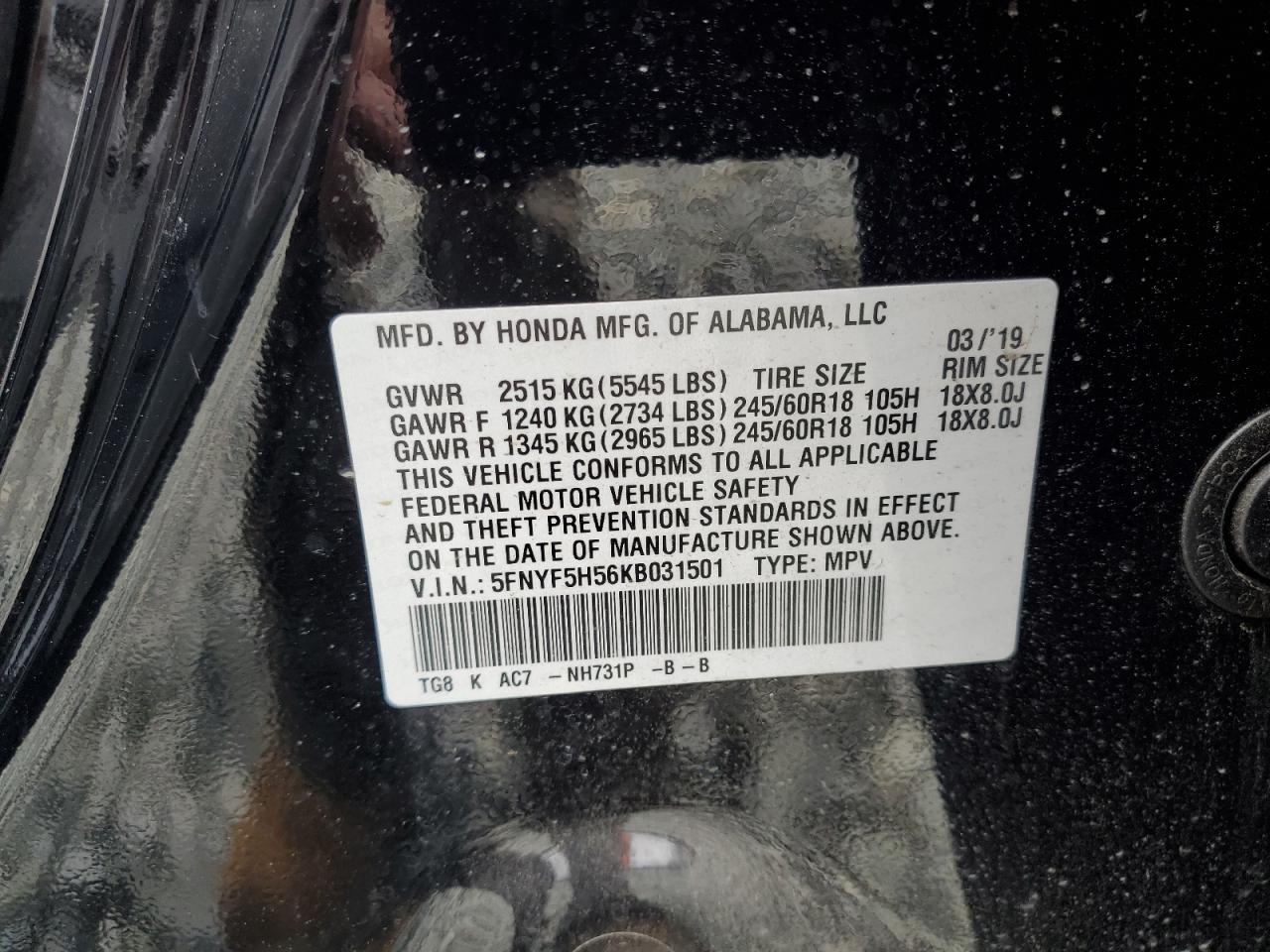 2019 Honda Pilot Exl VIN: 5FNYF5H56KB031501 Lot: 65036285