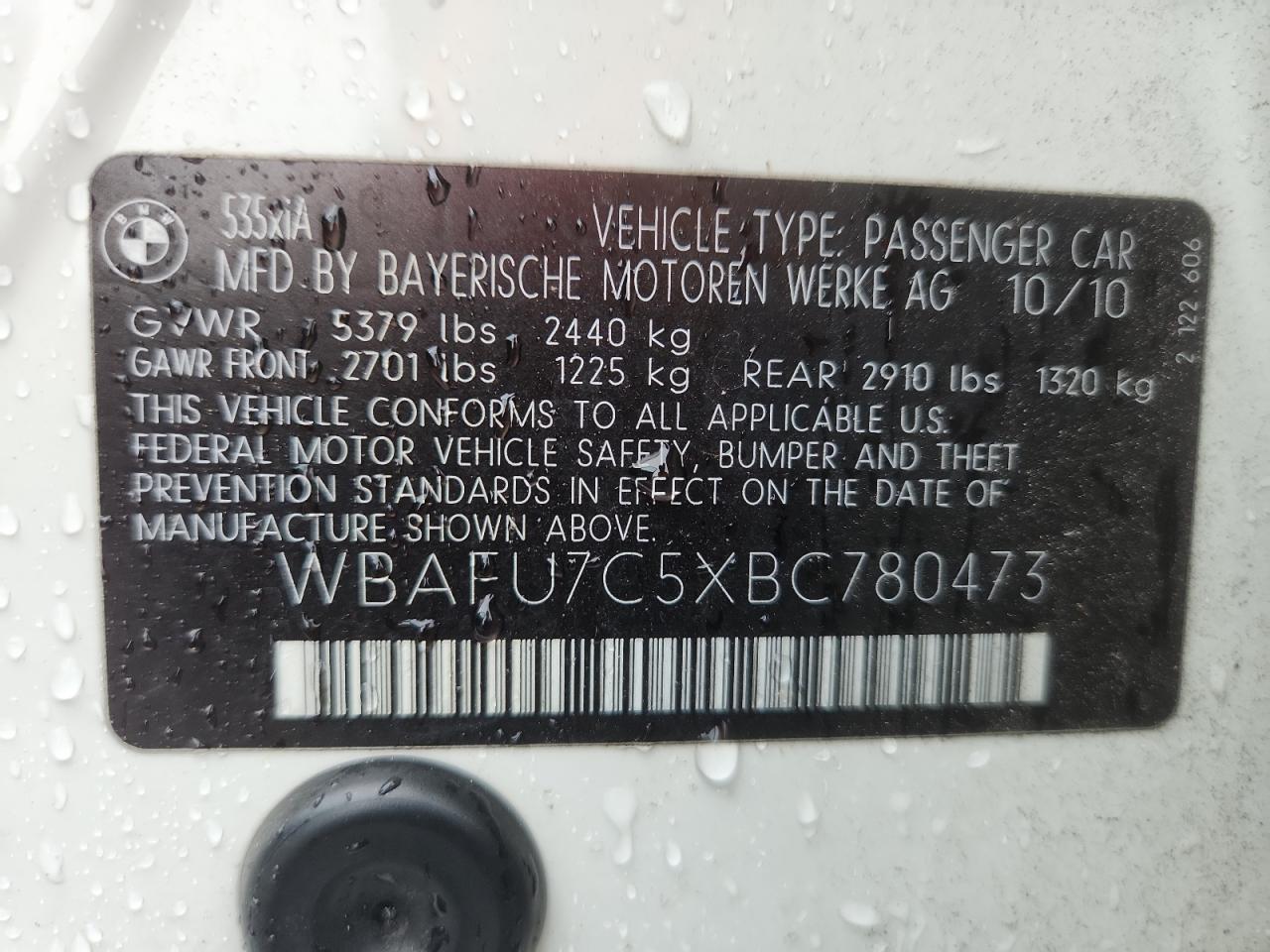 2011 BMW 535 Xi VIN: WBAFU7C5XBC780473 Lot: 64770595