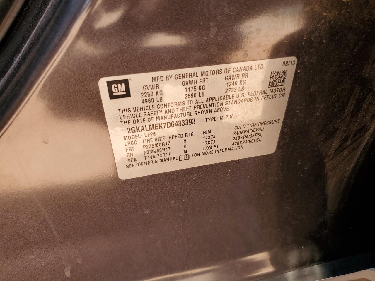 2013 GMC Terrain Sle VIN: 2GKALMEK7D6433393 Lot: 66326975