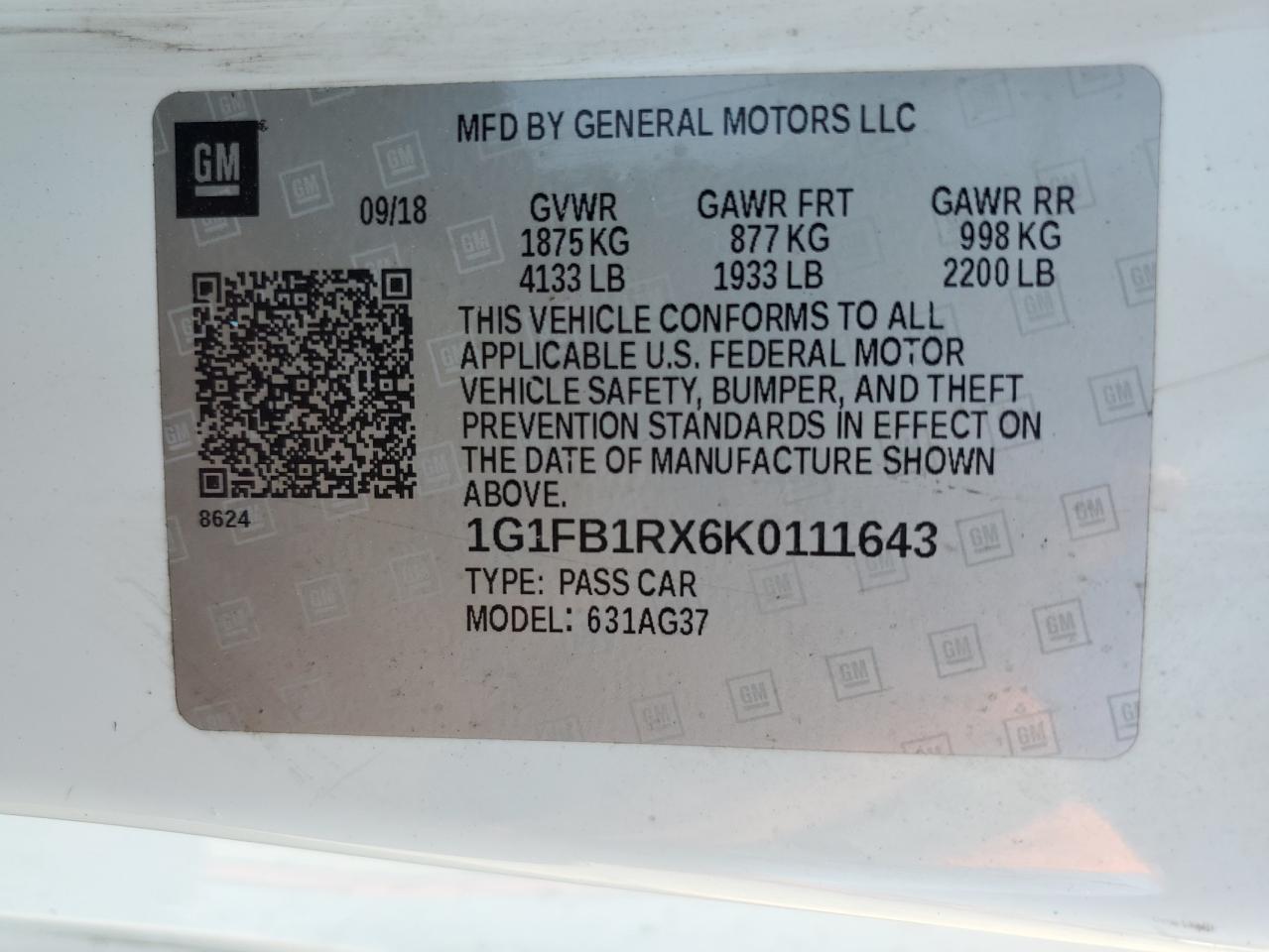 2019 Chevrolet Camaro Ls VIN: 1G1FB1RX6K0111643 Lot: 65770445