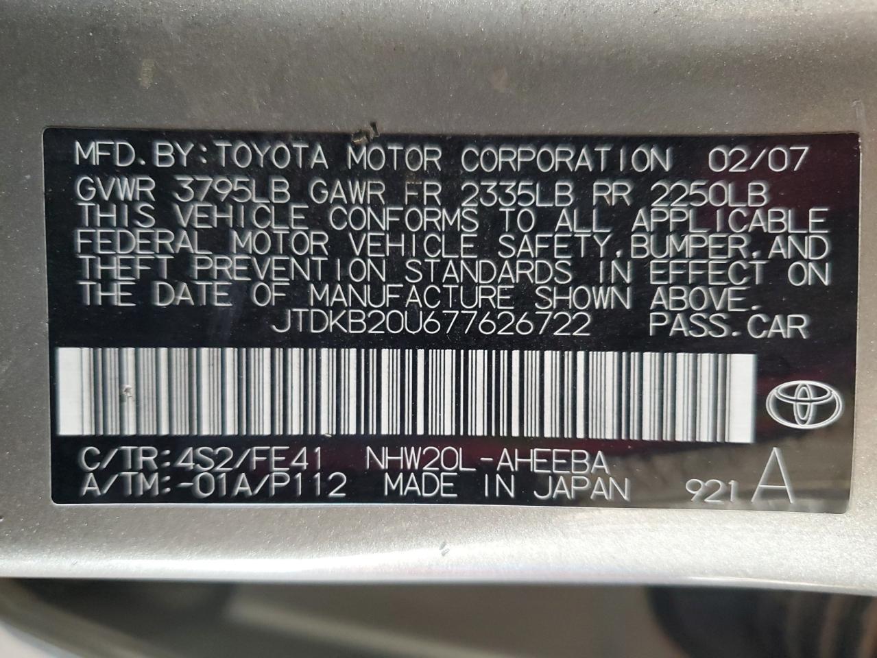 2007 Toyota Prius VIN: JTDKB20U677626722 Lot: 65287655