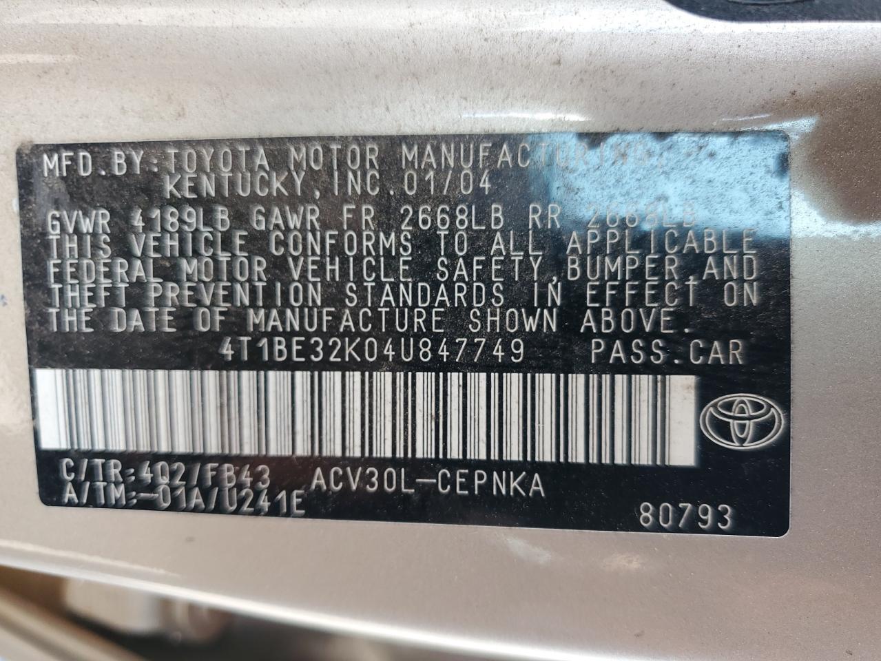 2004 Toyota Camry Le VIN: 4T1BE32K04U847749 Lot: 64176845